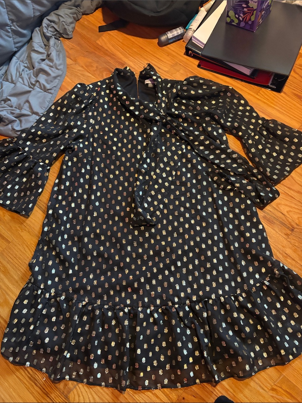 Calvin Klein Black Mini Dress with Metallic Dot Accents and Tie Neck